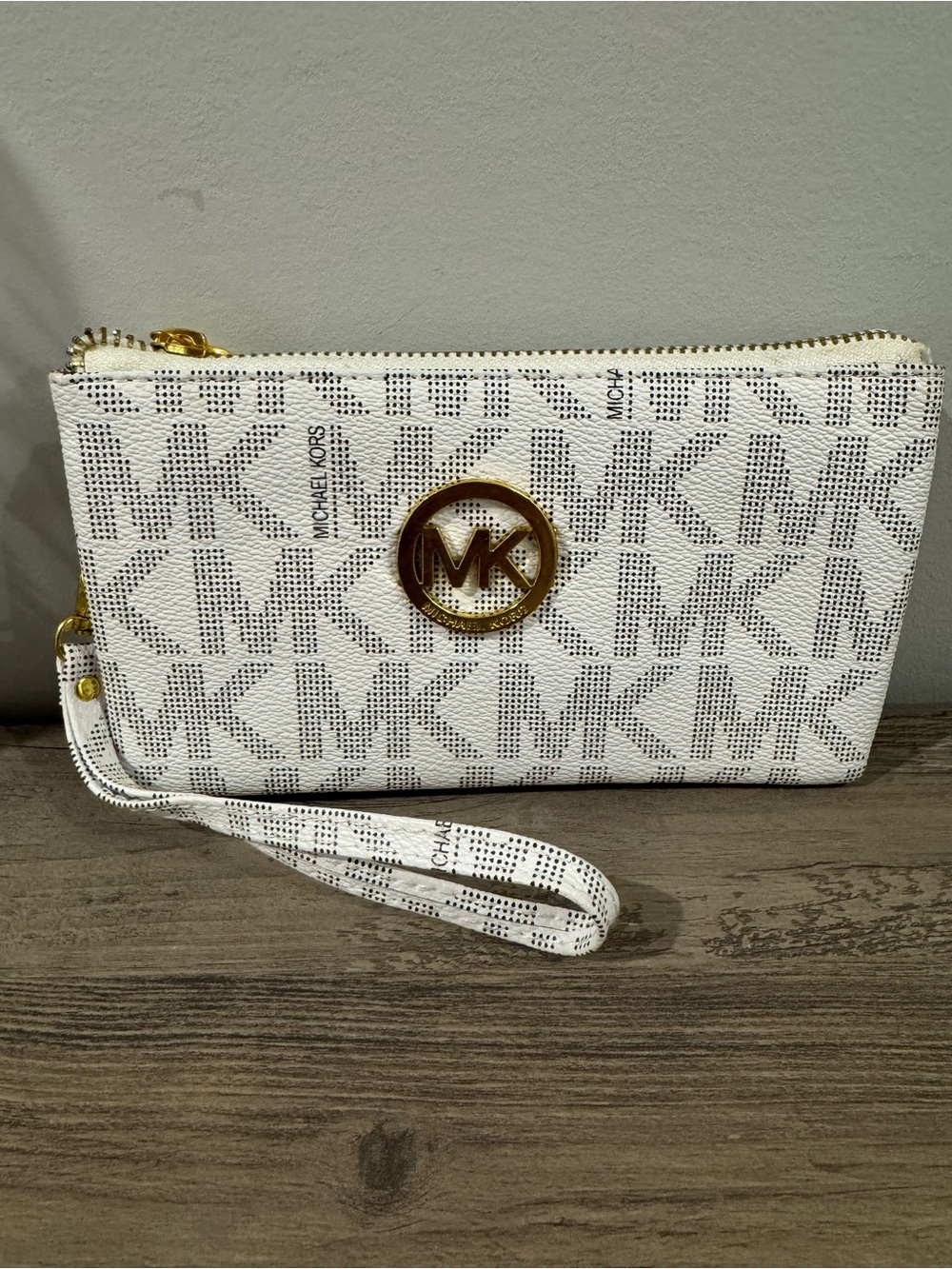 Michael Kors White MK Monogram Wristlet with Gold Logo